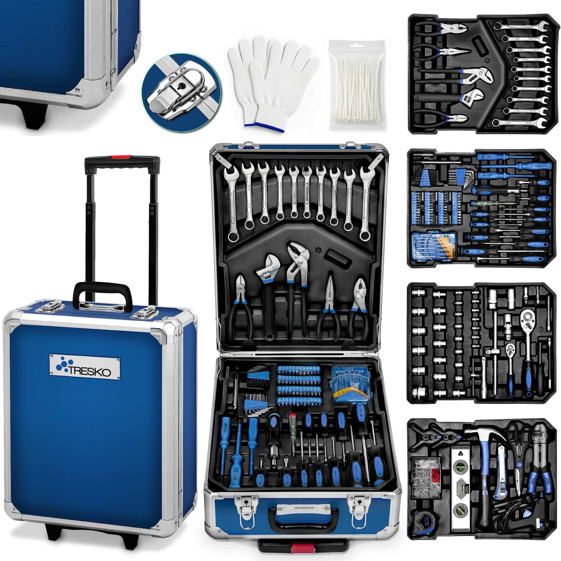 TRESKO Werkzeugkoffer 1400-teilig, Werkzeug-Trolley, blau mit stossfestem Gehäuse und Teleskopgriff