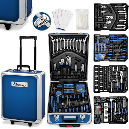 TRESKO Werkzeugkoffer 1400-teilig, Werkzeug-Trolley, blau mit stossfestem Gehäuse und Teleskopgriff
