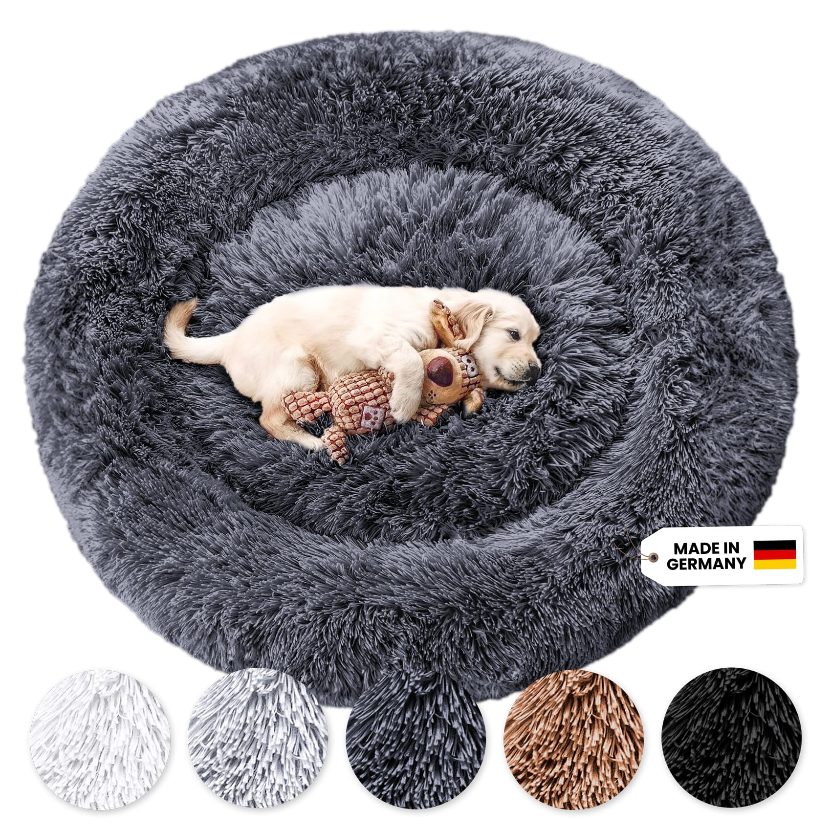 Wahre Tierliebe Fluffy Wolke Original Hundebett – Waschbar. Rundes, hellgraues Plüschbett für gemütlichen Schlaf und Erholung des Hundes.