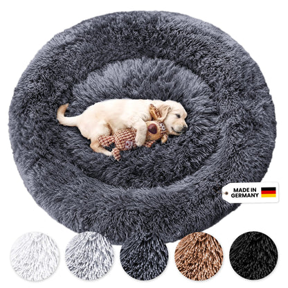 Wahre Tierliebe Fluffy Wolke Original Hundebett – Waschbar. Rundes, hellgraues Plüschbett für gemütlichen Schlaf und Erholung des Hundes.