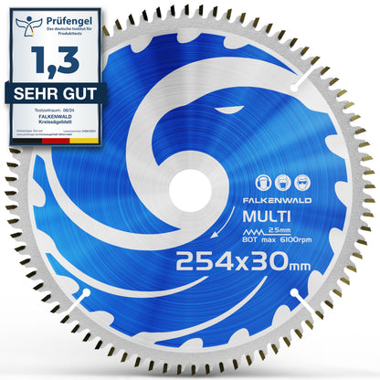 Falkenwald Kreissägeblatt 254x30 mm 80 Zähne Multi für Holz & Metall, kreisförmig mit feiner Verzahnung