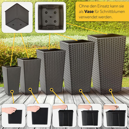 KADAX 3er Set Pflanzkübel mit Innentopf – Grafit Rattan H 57-75 cm