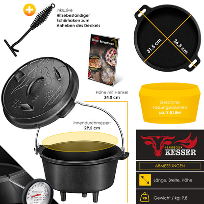 KESSER® Dutch Oven Set BBQ 9L - Gusseisen Feuertopf mit Füssen