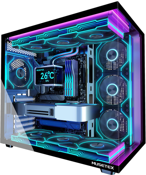 MUSETEX Y6 PC Gehäuse ATX Mid Tower mit 7 ARGB-Lüftern, schwarz, Sichtfenster aus gehärtetem Glas
