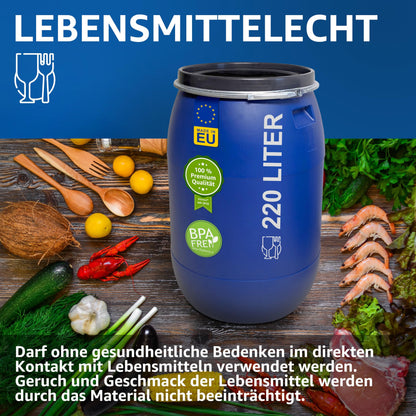 plasteo Weithalsfass 220 Liter mit Spannring - Lebensmittelecht Blau