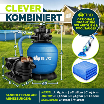 tillvex Sandfilteranlage Pool 10 m³/h mit 7-Wege-Ventil, Blau