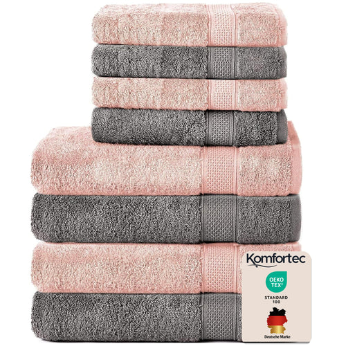 Komfortec Handtuch-Set 8-teilig, Baumwolle Frottee, Anthrazit/Rosa – Hand- und Badetücher