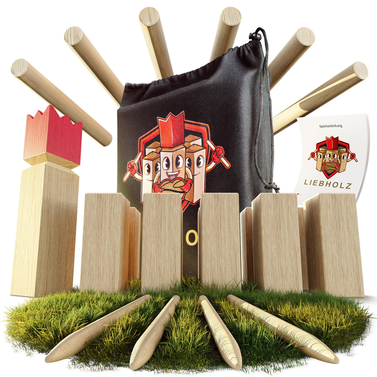 Liebholz Kubb Wikinger Wurfspiel aus FSC Gummibaumholz, Grösse L mit Spielfiguren und Tragebeutel