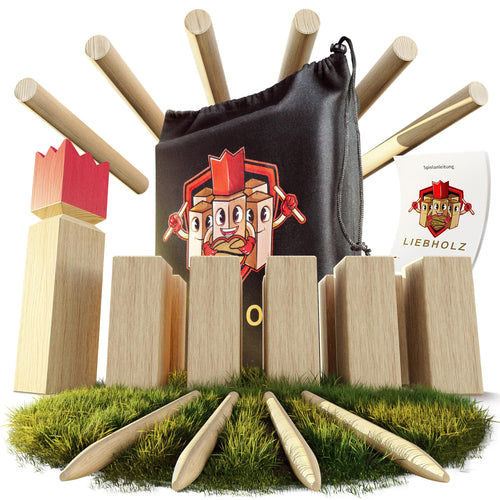 Liebholz Kubb Wikinger Wurfspiel aus FSC Gummibaumholz, Grösse L mit Spielfiguren und Tragebeutel