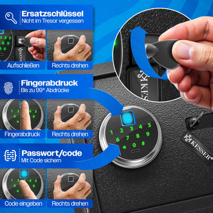 KESSER® Elektr. Tresor Fingerabdruck & Schlüssel XL Schwarz