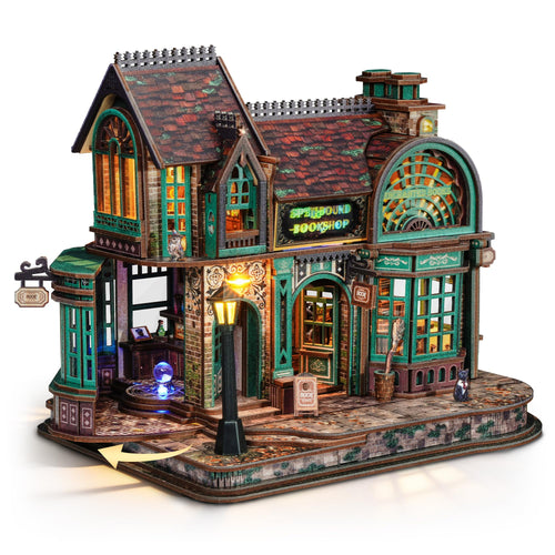 FUNPOLA 3D Holzpuzzle Magischer Buchladen mit LED, Miniatur-Bausatz – aufklappbare Holzszene mit Beleuchtung