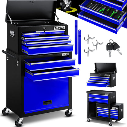MASKO® Werkstattwagen 9 Fächer abschliessbar - Blau. Blauer Rollwagen mit 9 abschliessbaren Fächern zur Werkzeugorganisation.