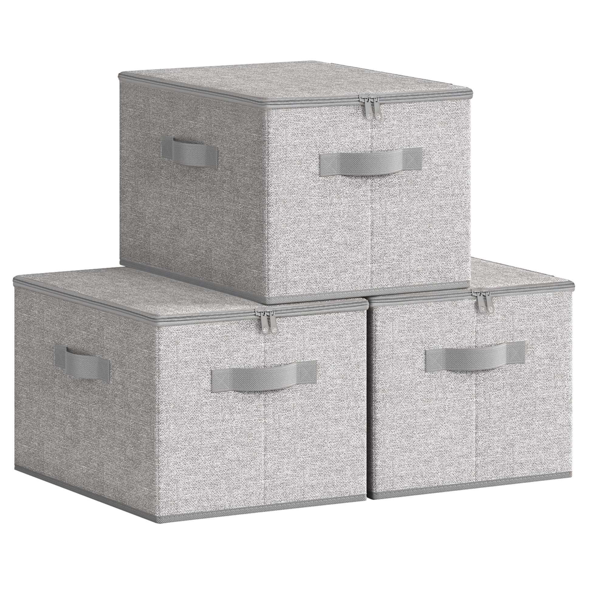 SONGMICS Aufbewahrungsbox mit Deckel, 3er Set, faltbar, taubengrau – Stoffboxen aus Vliesstoff mit Griffen