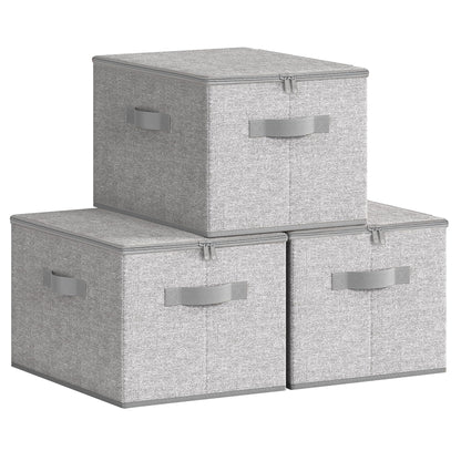 SONGMICS Aufbewahrungsbox mit Deckel, 3er Set, faltbar, taubengrau – Stoffboxen aus Vliesstoff mit Griffen