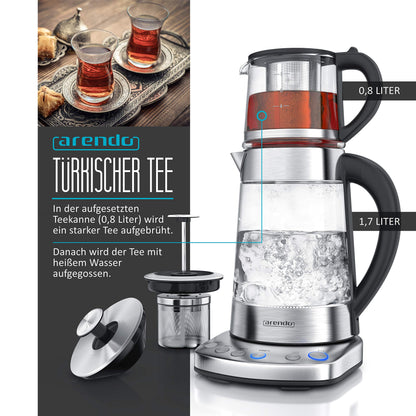 Arendo Glas Teekocher & Wasserkocher – Temp. Einstellung, Teesieb