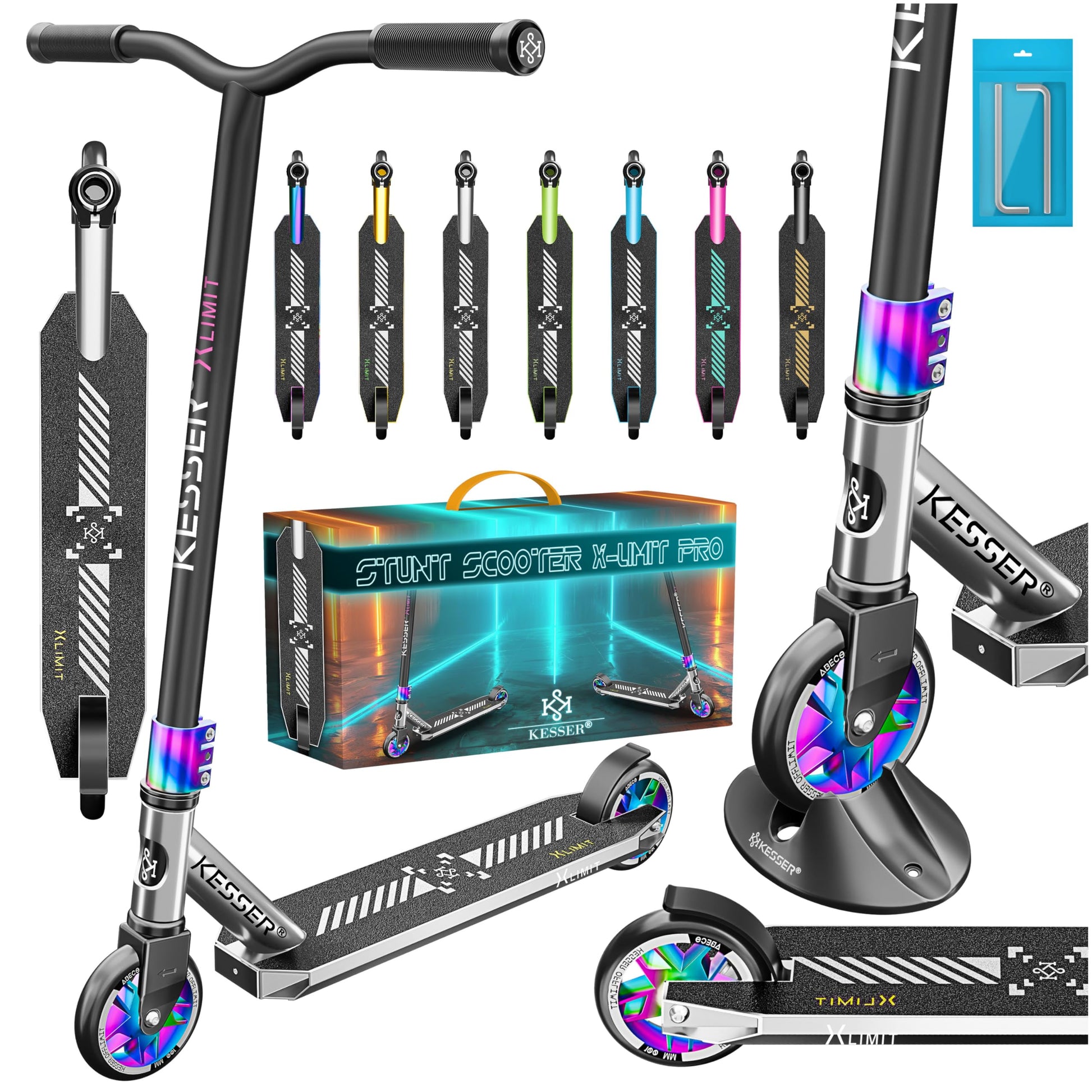 KESSER® X-Limit-Pro Stunt Scooter - 360° Lenkung mit Ständer, robust gebaut für anspruchsvolle Tricks und 360-Grad-Manöver.