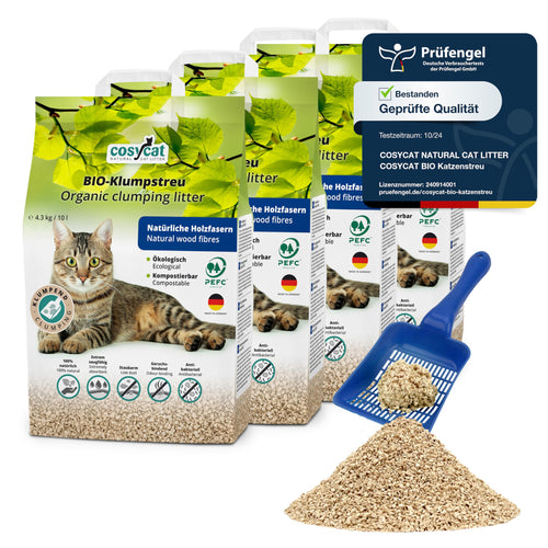 COSYCAT Bio Katzenstreu aus Holz, klumpend, staubfrei, 4 x 10 l, feine Körnung
