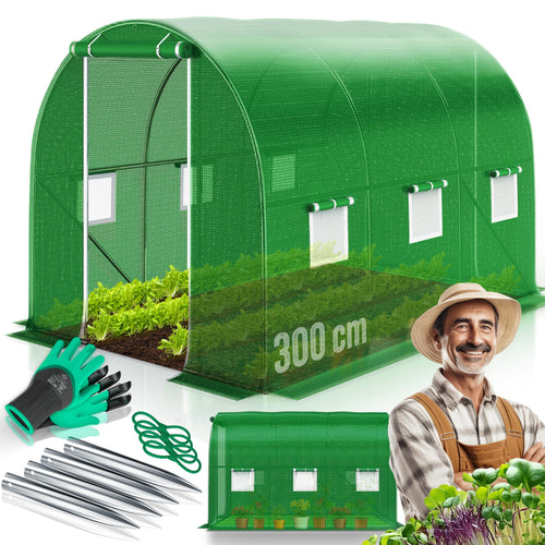 KESSER Folien-Gewächshaus 200x300 cm mit Stahlrahmen, Grün – grüne Gitterfolie, 6 Fenster mit Moskitonetz