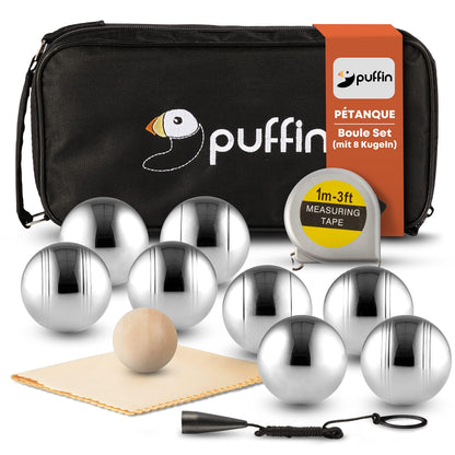 Puffin Boule Set – Petanque Spiel mit 8 Metall Kugeln: Acht runde Metallkugeln zum Spielen von Petanque.