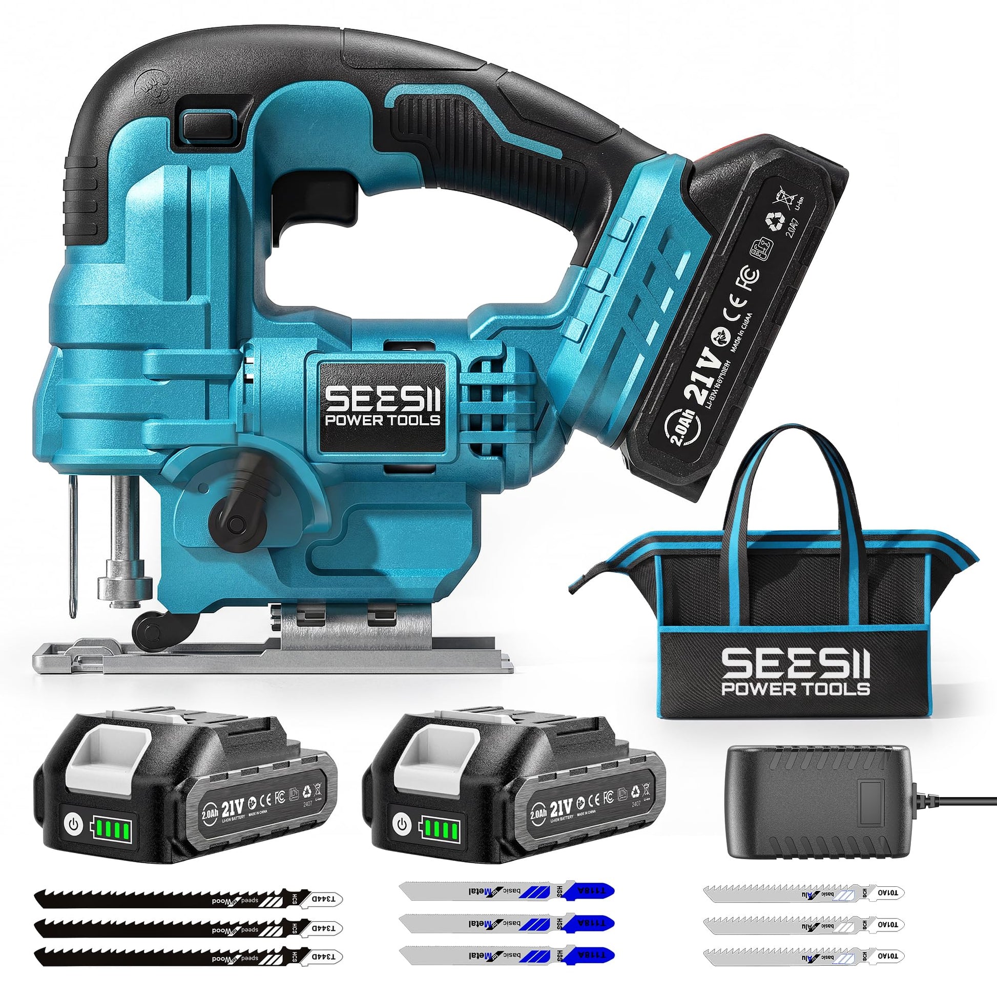 Seesii Akku-Stichsäge JS01 21V mit 2 Akkus und 9 Sägeblättern inklusive Tragetasche