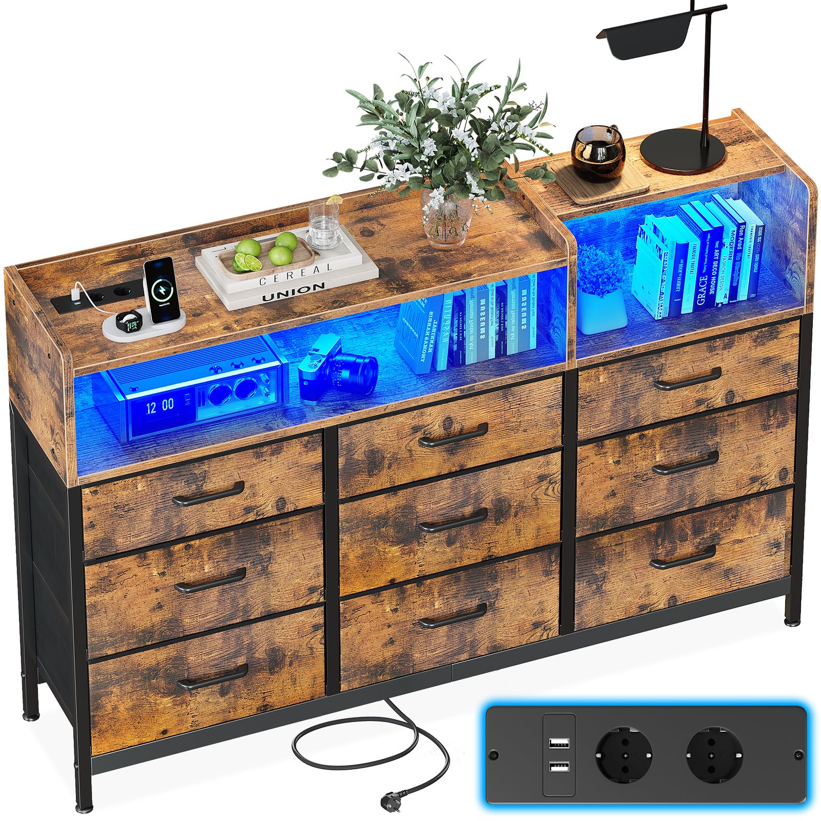 ODK Kommode mit Steckdosen, USB & LED – 9 Stoffschubladen. Rechteckiger Korpus mit Schubladen. Laden und Beleuchten.