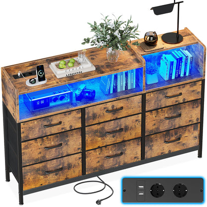 ODK Kommode mit Steckdosen, USB & LED – 9 Stoffschubladen. Rechteckiger Korpus mit Schubladen. Laden und Beleuchten.