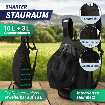 SASMO Fahrradrucksack 10L mit Trinkblase, Thermofach und Helmnetz