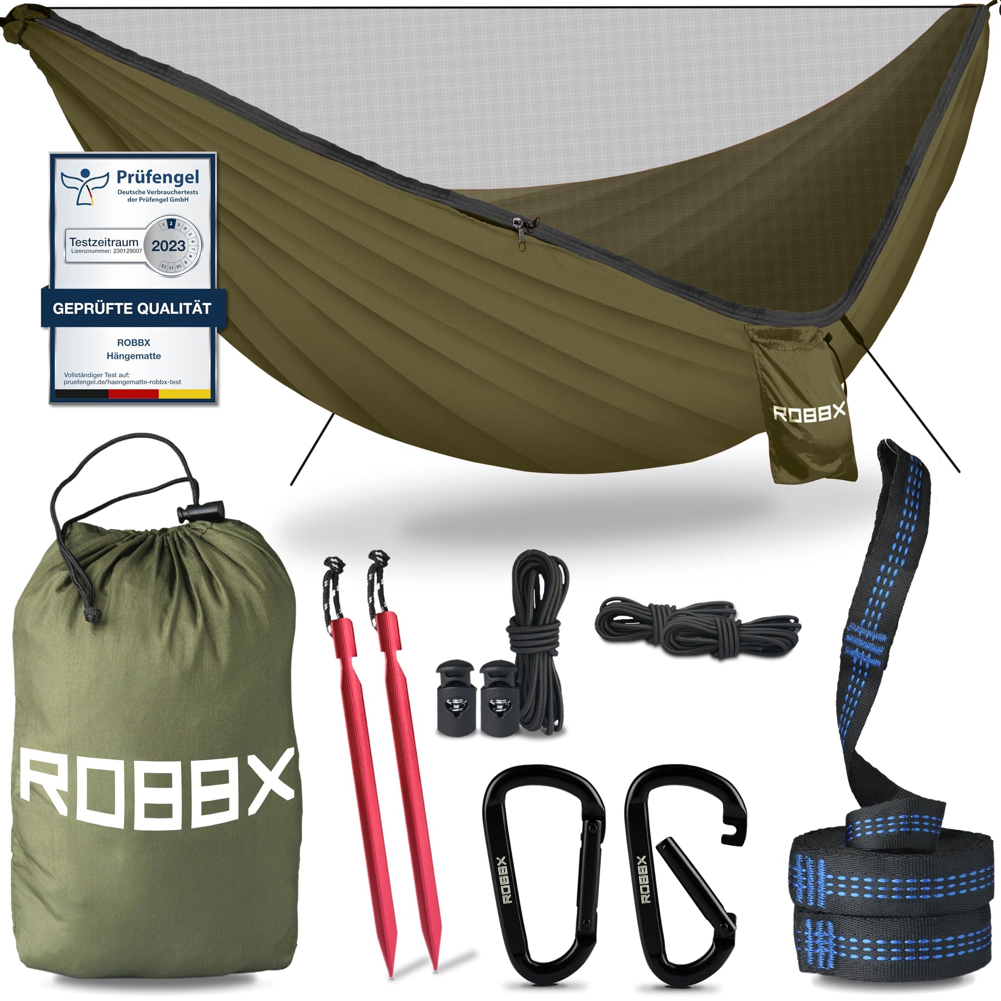 ROBBX Hängematte Outdoor mit Moskitonetz für 2 Personen, 300 kg, Oliv aus olivfarbenem Fallschirm-Nylon mit Insektennetz