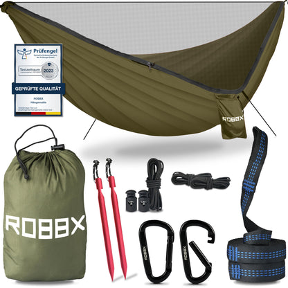 ROBBX Hängematte Outdoor mit Moskitonetz für 2 Personen, 300 kg, Oliv aus olivfarbenem Fallschirm-Nylon mit Insektennetz