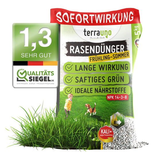 TerraUno Rasendünger Frühjahr/Sommer Sofortwirkung – 20 kg, Granulat, fördert schnell dichtes Rasenwachstum.