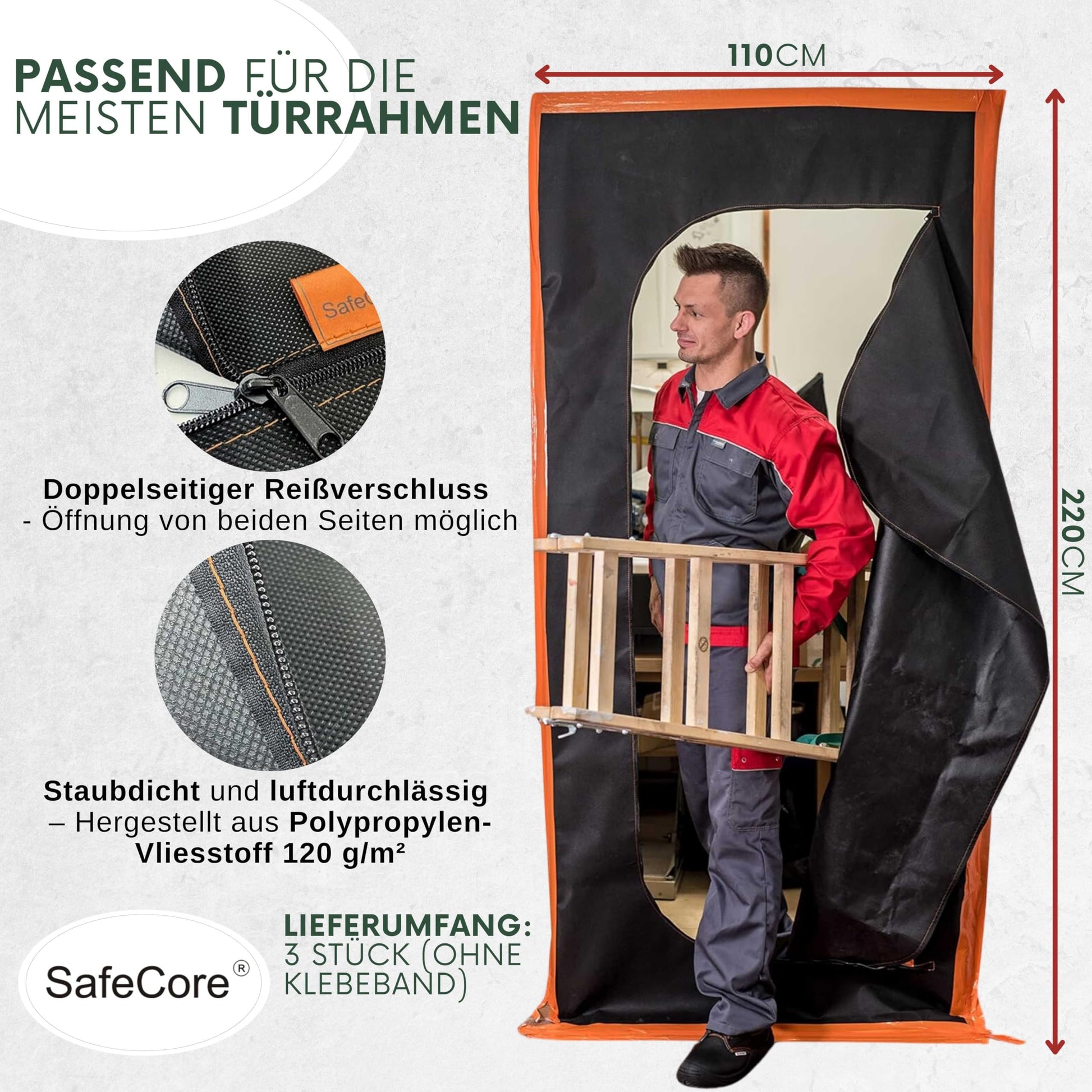 SafeCore Staubschutztür mit Reissverschluss, 220x110 cm, 3er-Set, Polypropylen-Vlies für Renovierung