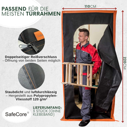 SafeCore Staubschutztür mit Reissverschluss, 220x110 cm, 3er-Set, Polypropylen-Vlies für Renovierung