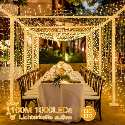 Ollny Lichterkette aussen 100 m 1000 LED warmweiss mit Fernbedienung