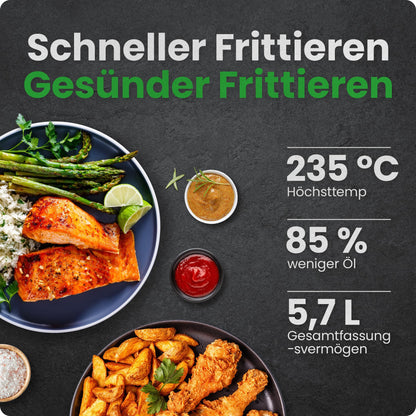 Chefman 5,7L Heißluftfritteuse, schnell & einfach, kompakte Heissluftfritteuse mit Hi-Fry Technologie, Touch Controls mit 4 Voreinstellungen, antihaftbeschichtet & spülmaschinenfest - Schwarz