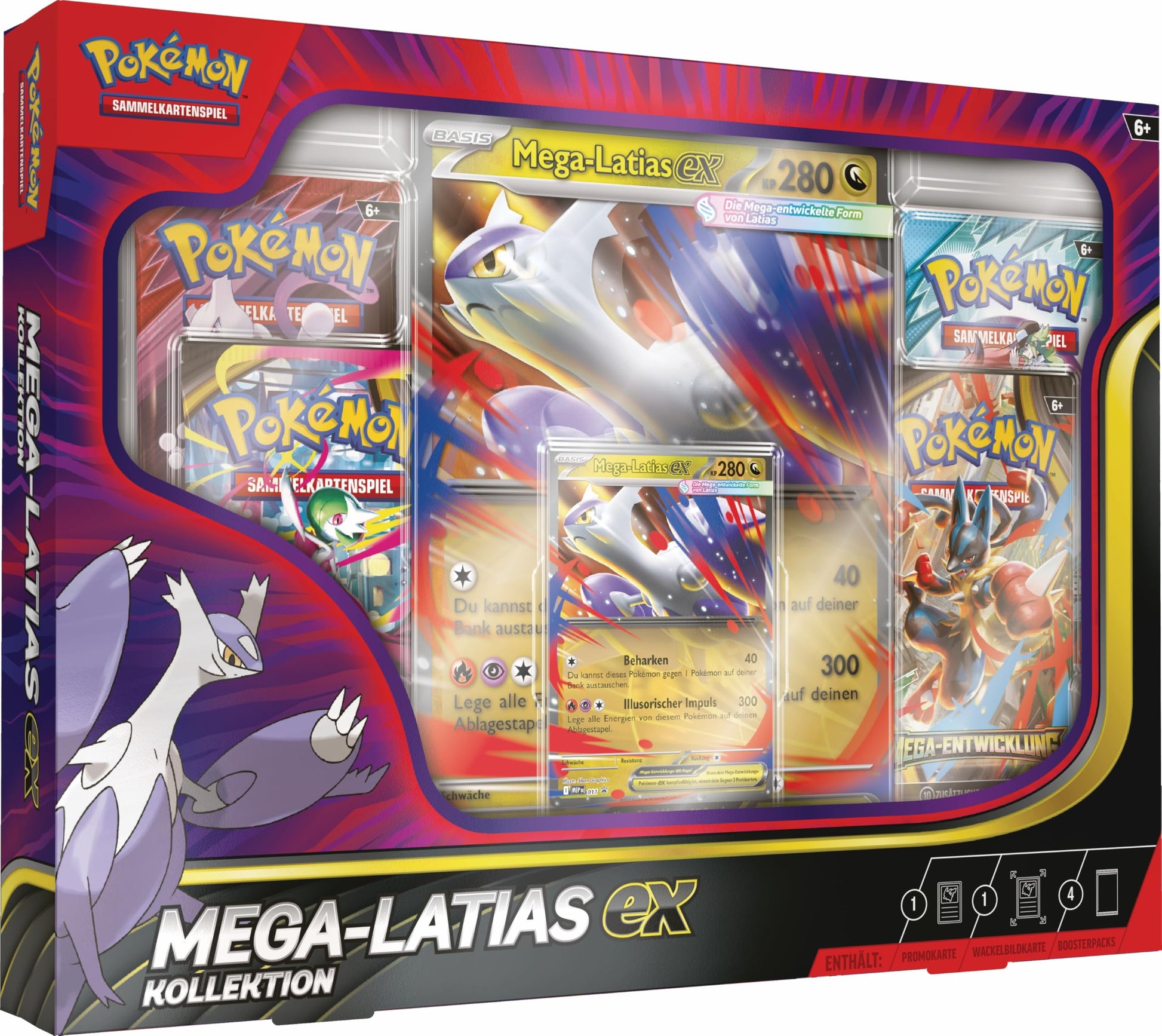 Pokémon Sammelkartenspiel Kollektion Mega-Latias-ex mit 4 Boostern, holografische Promokarte und Wackelbildkarte