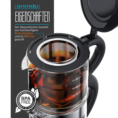 Arendo Glas Teekocher & Wasserkocher – Temp. Einstellung, Teesieb