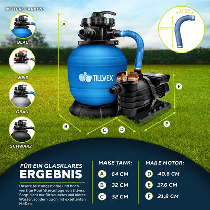 tillvex Sandfilteranlage 10 m³/h Poolfilter mit Filterbällen – Blau