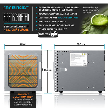 Arendo Dörrautomat Edelstahl – 8 Fächer, 500W Lebensmittel Dehydrator