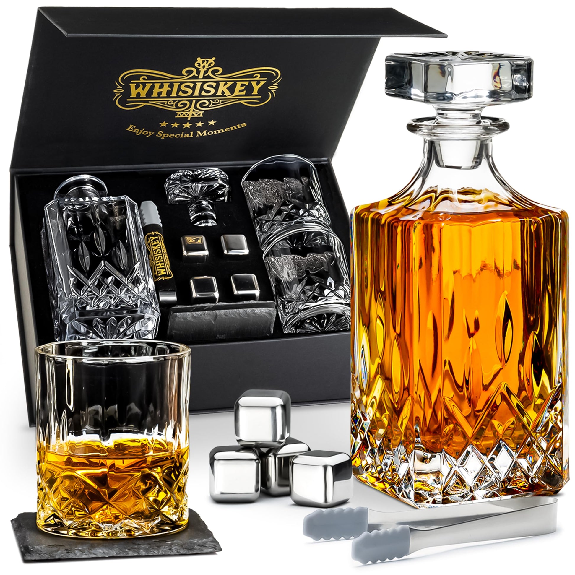 Whisiskey Whiskey Karaffe Set mit 2 Gläsern und 4 Whisky Steinen