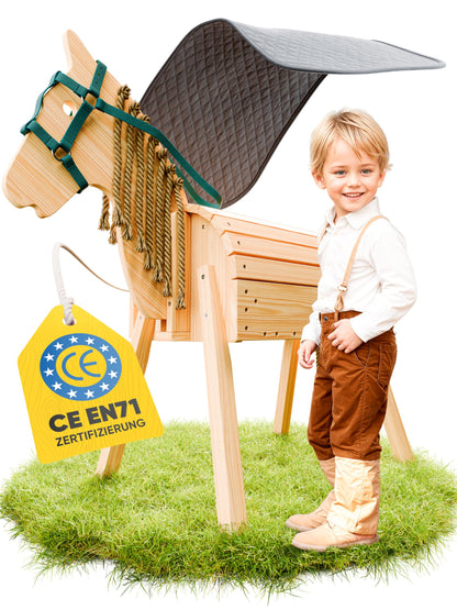 FRIEDO Holzpferd Gartenpferd - Höhenverstellbar mit Sattel & Geschirr. Braunes Holzpferd zum Spielen im Garten.