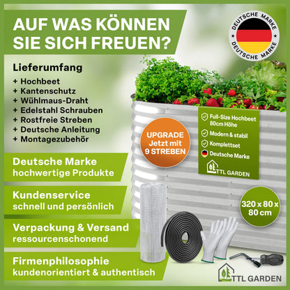 TTL GARDEN Hochbeet Spirit XL Metall 320x80x80 cm Silber verzinkt