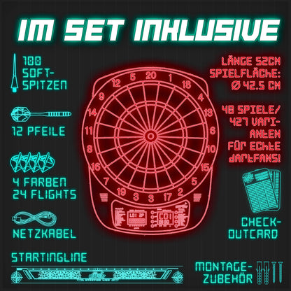 RE:SPORT Elektronische Dartscheibe Set mit 12 Pfeilen, LED-Anzeige