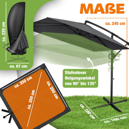 KESSER Sonnenschirm 250x250 cm Kurbelschirm mit UV-Schutz, Anthrazit