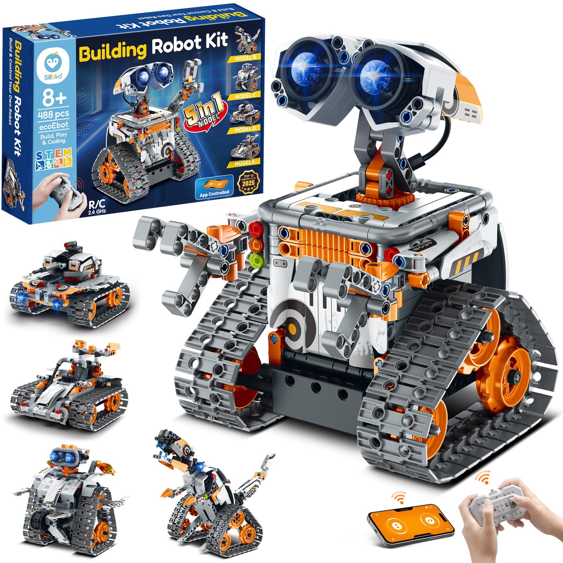 Sillbird Roboter Baukasten 5-in-1, programmierbares Robotik Set aus 488 Bausteinen mit App-Steuerung