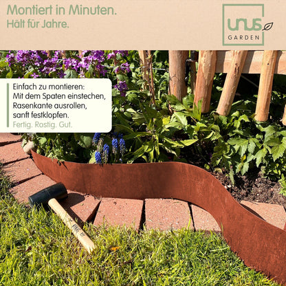 UNUS Rasenkante Metall 10 m, Beeteinfassung in Rostoptik, 14 cm hoch