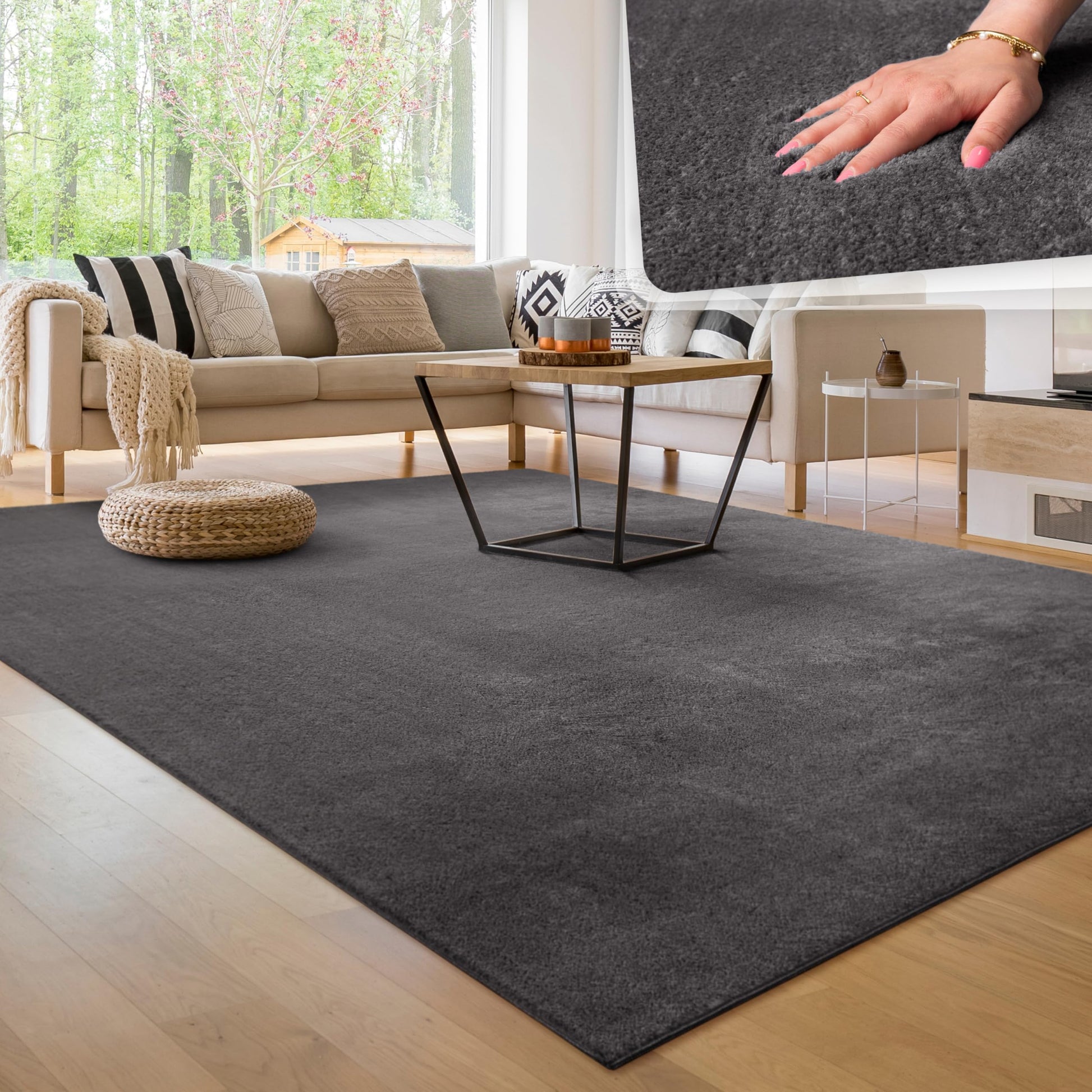 Paco Home Wohnzimmerteppich Kurzflor waschbar Anthrazit 200x280 cm, einfarbig in Felloptik