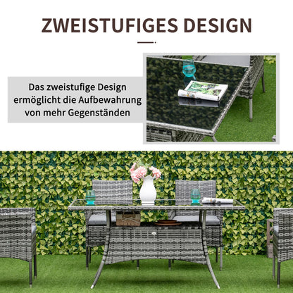 Outsunny Gartentisch Polyrattan Glastisch - grau 150x85cm