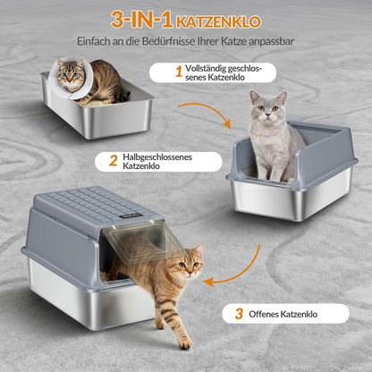 Fobyfurny Edelstahl-Katzenklo XXL geschlossen mit Deckel, Cremegrau