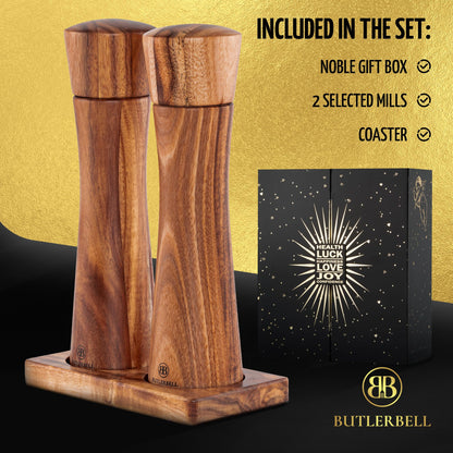 BUTLERBELL® Salz- & Pfeffermühlen Set Holz mit Untersetzer