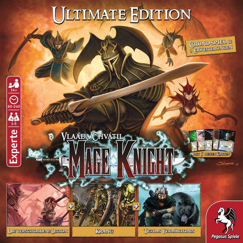 Pegasus Spiele Mage Knight Ultimate Edition Strategie-Brettspiel. Box mit Fantasy-Motiv. Spieler erkunden, kämpfen, erobern.